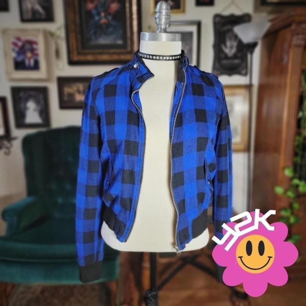 Forever 21 Punk Jacket Vintage Y2K Blue Black Plaid Checkered Bomber‎ Moto